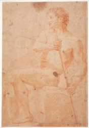 Männliches Modellstudie, sitzend mit Stab