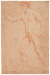 Männliches Modellstudie, stehend, mit erhobenem Arm
