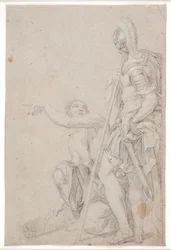 Stehender Soldat und kniender, zeigender Jüngling