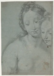 Zwei Frauenköpfe. Studien nach der rechten Hälfte in Carlo Marattis Gemälde: Selbstporträt mit Marquese Pallavicini, Stourhead, National Trust, England (Abb. Arte Antica e Moderna, 1961, Nr. 181)