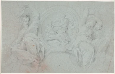 Zwei sitzende Frauenfiguren um eine Medaille mit Herakles