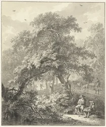 Waldlandschaft mit ruhenden Reisenden unter einem Baum