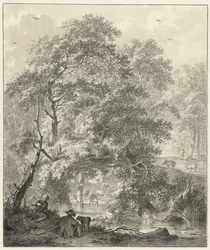Waldlandschaft mit zwei Jungen und einem Hund, die am Wasser sitzen