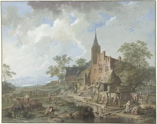 Ernte bei einem Dorf in einer hügeligen Landschaft
