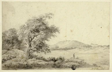 Landschaft mit Paar und Hund