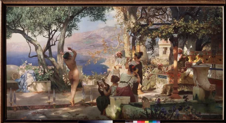 Der Säbeltanz. (Eine nackte Frau tanzt zwischen Säbeln, die auf der Terrasse einer italienischen Villa im Gleichgewicht aufgestellt sind, zum Klang einer Leier und einer Flöte.)