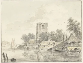 Flusslandschaft mit einem großen stumpfen Kirchturm