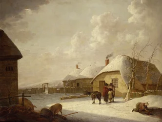 Figuren vor einer Hütte im Schnee