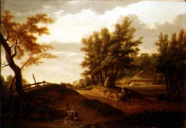 Waldlandschaft mit einem Wagen und Bauern auf einer Straße, eine Wäscherin an einem Teich und einem Bauernhof im Hintergrund