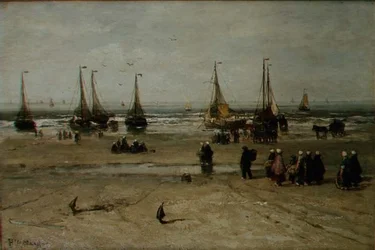 Küstenlandschaft mit Fischerbooten und Fischern