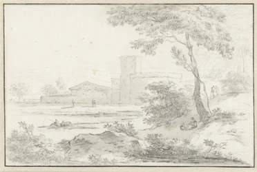 Italienische Landschaft mit befestigtem Gebäude im Hintergrund