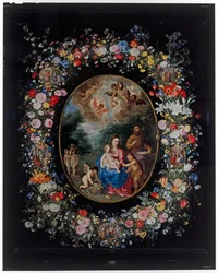Die Heilige Familie und der kleine Johannes der Täufer und Engel in einer Landschaft