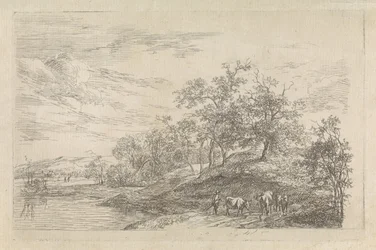 Hügellandschaft mit Hirte und Kühen