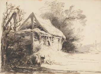 Eine alte Scheune, Bäume und Kuh