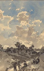 Landschaft mit Figuren, die auf einem Pfad spazieren
