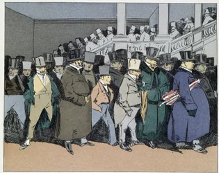 Vier Stunden: Angestellte verlassen, bis zum nächsten Tag vergessene bürokratische Angelegenheiten - in "Verwaltungssitten" von Henri Monnier