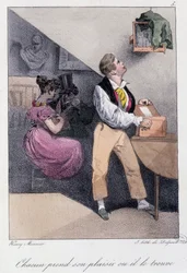 Mann, der Vögel züchtet, während seine Frau ihn betrügt: Jeder nimmt sein Vergnügen oder er findet es - in Les pastemps von Henry Monnier, ed. Delpech, Paris, um 1830