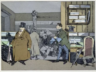 Neun Uhr: Ankunft der Angestellten, Kostümwechsel, kleiner Ofenrundgang - in „Administrative mores“ von Henri Monnier