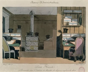 Szene in einem Pariser Büro während der Mittagspause, ca. 1830 (Farbstich)