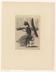 Frau mit einem Buch und einem Regenschirm auf einem Stuhl draußen (Petits Croquis 5)