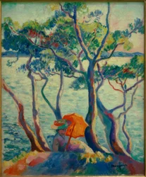 Jeanne mit Sonnenschirm, Reiterin