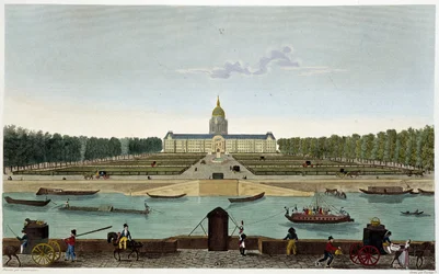 Ansicht des Champ de Mars und des Hôtel des Invalides von der anderen Seite der Seine (Cours la Reine) - in „Vues de Paris“ von Courvoisier