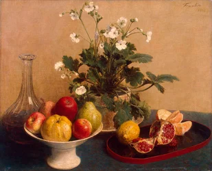 Blumen, Schale mit Früchten und Karaffe, 1865