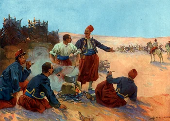 Eroberung von Algerien: Biwak der französischen Zuaven unter dem Kommando von General Bugeaud während des Aufstands von Abd el-Kader, Juni 1836