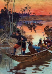 René Robert Cavelier de La Salle (1643-1687), französischer Entdecker und seine Begleiter, die den Mississippi für Frankreich hinabfahren