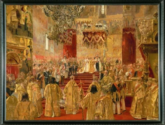 Die Krönung von Zar Nikolaus II. und Kaiserin Alexandra Fjodorowna in der Mariä-Entschlafens-Kathedrale in Moskau