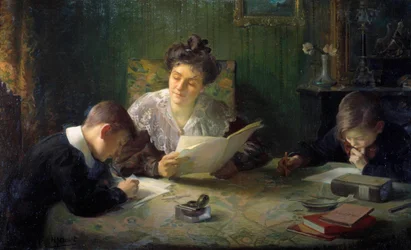 Hausaufgaben. Eine Mutter hilft den Kindern bei den Hausaufgaben. Gemälde von Henri Jamet (1858-1940) 20. Jahrhundert Orleans, Musée des Beaux-Arts