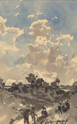 Landschaft mit Figuren, die auf einem Pfad spazieren