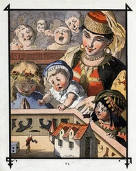 Lemuel Gulliver im Land der Riesen von Brobdingnag ist eine Kuriosität für Kinder. Illustration für „Gullivers Reisen“ von Jonathan Swift (1667-1745)