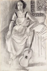 Frau sitzt mit einer Gitarre, um 1921-23