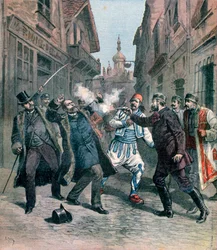 Die Ermordung von Herrn Beltchef in Gegenwart von Herrn Stambouloff, Bulgarien, 1891
