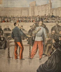 Oberst Henry und Oberstleutnant Picquart sprechen vor dem Assisenhof, Illustration aus 