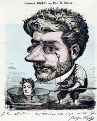 Georges Bizet (1838-1875), französischer Komponist - Karikatur mit Autogramm von Bizet, von Henri Meyer genannt Reyem (1844-1899) für „Diogene“