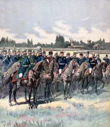 Militärparade mit General Saussier und ausländischen Militärattachés, 14. Juli 1891