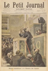 Titelseite, die das skandalöse Treffen des Abgeordnetenhauses darstellt: Jean Jaures wird während einer Debatte über die Dreyfus-Affäre von Bernis angegriffen, Illustration aus der illustrierten Beilage von Le Petit Jou