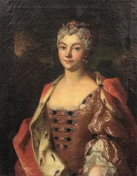 Porträt einer Adligen, Halbfigur, in einem rosa Kleid und einem Hermelin-umrandeten Mantel