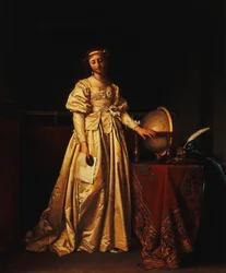 Eine Dame in einem Innenraum, in einem gelben Satinkleid, mit einem Globus auf einem Tisch neben ihr, trauert um die Abwesenheit ihres Mannes