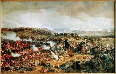 Die Schlacht von Waterloo 1815 - Französische Kürassiere greifen schottische Highlander im Quadrat an (Gemälde auf Leinwand)
