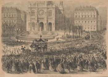 Das Begräbnis von Gioacchino Rossini. Der Trauerzug verlässt die Kirche, 1868