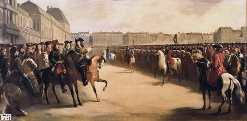 Zar Peter I. der Große von Russland (1672-1725) begleitet vom Regenten Philipp II. Herzog von Orléans (1674-1723) während seines Besuchs in Frankreich, inspiziert die berittenen Truppen in den Tuilerien (Paris) am 16.06.1717