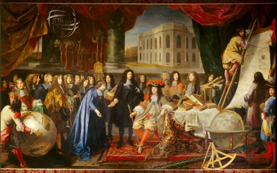 Colbert stellt Ludwig XIV. im Jahr 1667 die Mitglieder der Königlichen Akademie der Wissenschaften vor