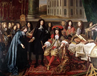 Jean-Baptiste Colbert stellt die Mitglieder der Königlichen Akademie der Wissenschaften Ludwig XIV. vor (Detail)