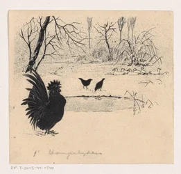 Enten, Vögel und Hahn an einem gefrorenen Teich