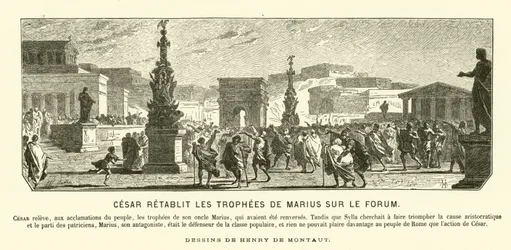 Julius Caesar stellt die Triumphdenkmäler seines Onkels Gaius Marius an ihren früheren Positionen im Forum, Rom, 65 v. Chr. wieder her