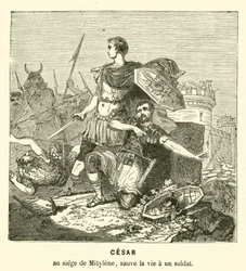 Julius Caesar rettet das Leben eines Soldaten bei der Belagerung von Mitylene, Lesbos, Griechenland, 81 v. Chr.