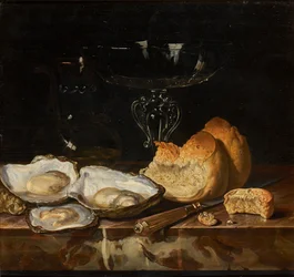 Stillleben mit Austern, Brot und venezianischem Weinglas, 1661